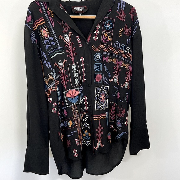 Johnny Was Top Silk Embroidered Oversized Long Sleeve Sz XS - Picture 6 of 8